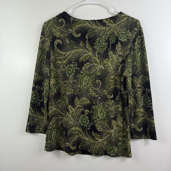 Vintage 90s Y2K Black Green Floral Top Large Metallic Textured Pullover Retro - Picture 12 of 13